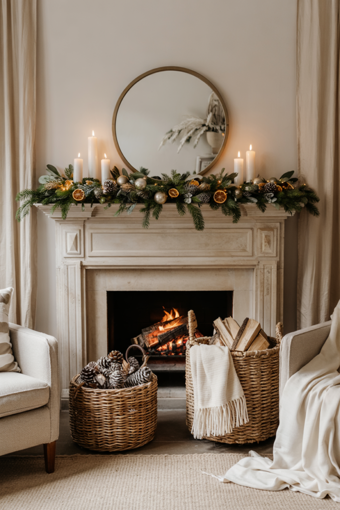 A cozy winter mantel with rattan and seagrass baskets filled with pinecones and firewood, styled with candles and greenery for an elegant natural holiday look.