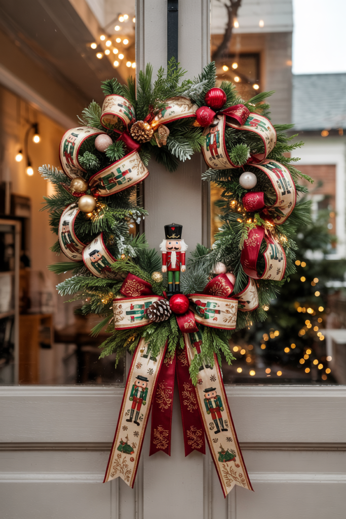 Nutcracker-themed ribbon wreath with large bow, greenery, and miniature figurine accents.