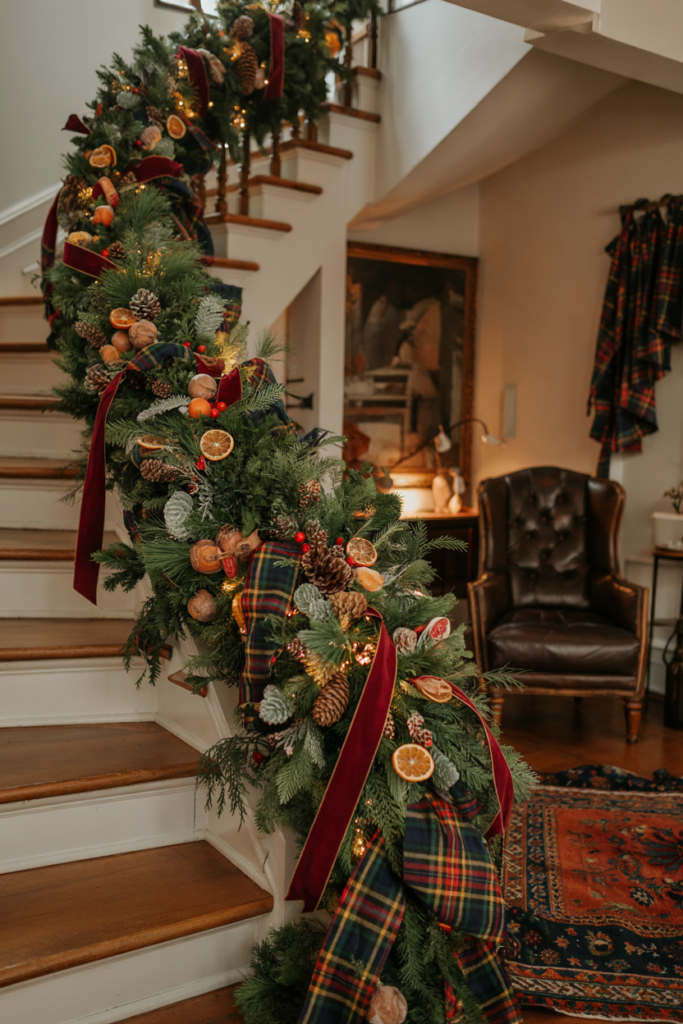 Ralph Lauren–style Christmas staircase decorated with a lush fir-and-pine garland layered with deep burgundy velvet ribbon and classic tartan fabric, accented with warm lights, pinecones, and brass details in a cozy, elegant winter interior.