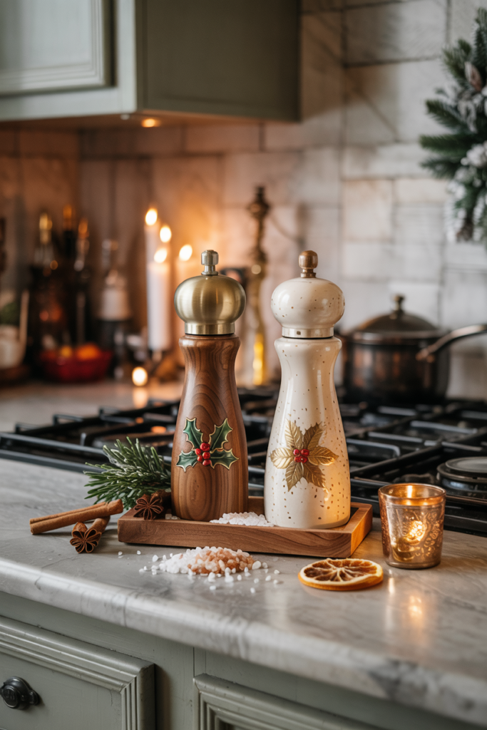 Holiday-themed salt & pepper mills
with subtle festive embellishments like carved holly, brass touches.