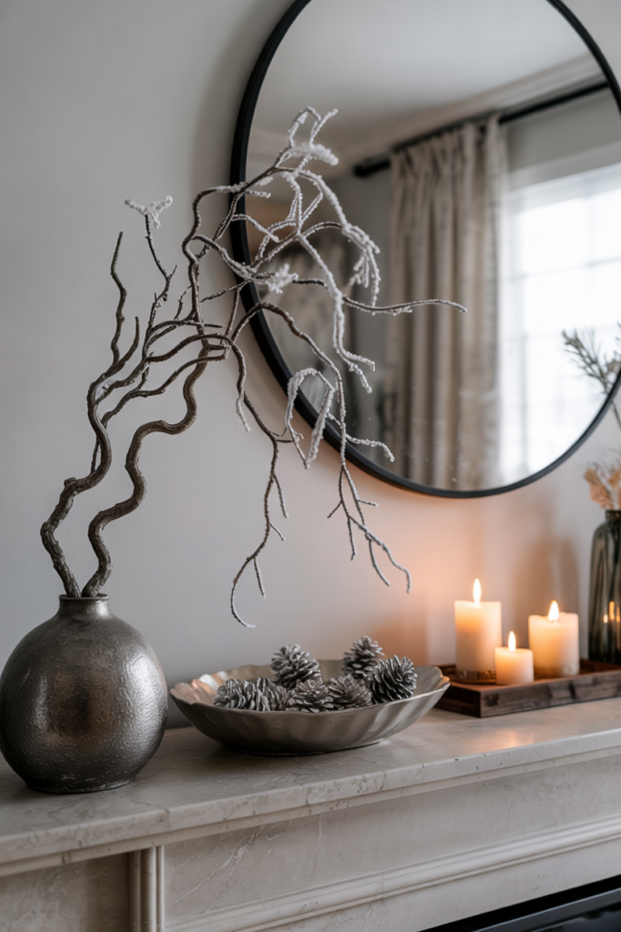 A modern winter mantel featuring a single oversized sculptural branch in a tall vase, accented by candles and neutral tones for a minimalist, dramatic winter look.