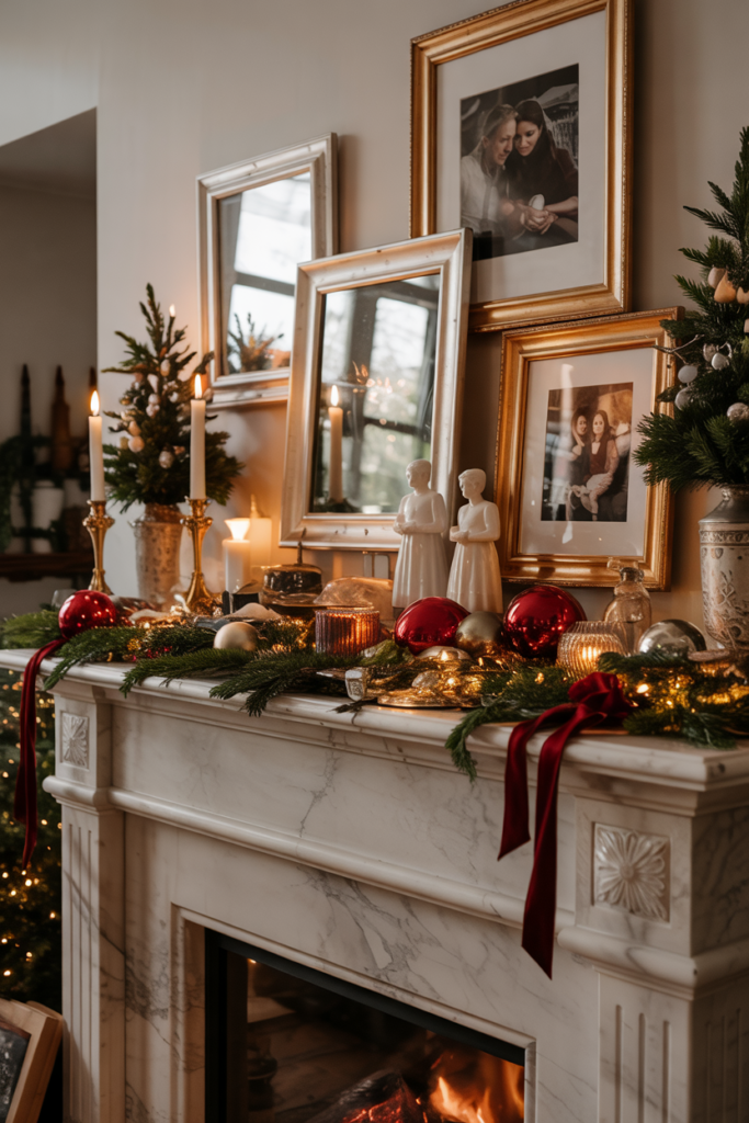 A Christmas fireplace mantel decorated with family photos, heirlooms, keepsakes, festive greenery, and shimmering ribbons, creating a personal, abundant, and heartwarming holiday display.