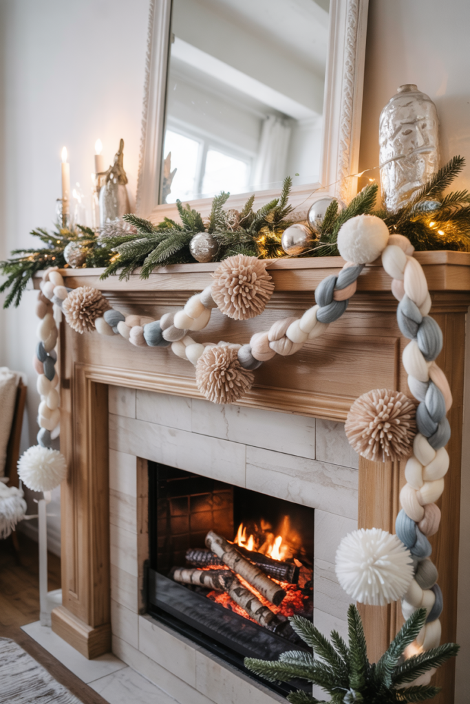 A modern winter mantel decorated with wool felt garlands and oversized pom-poms, accented by candles and greenery for a soft, playful, and cozy holiday look.