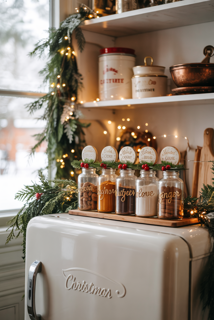 Spice jars with lids that have festive labels like tiny pine sprigs, red berries on the fridge.