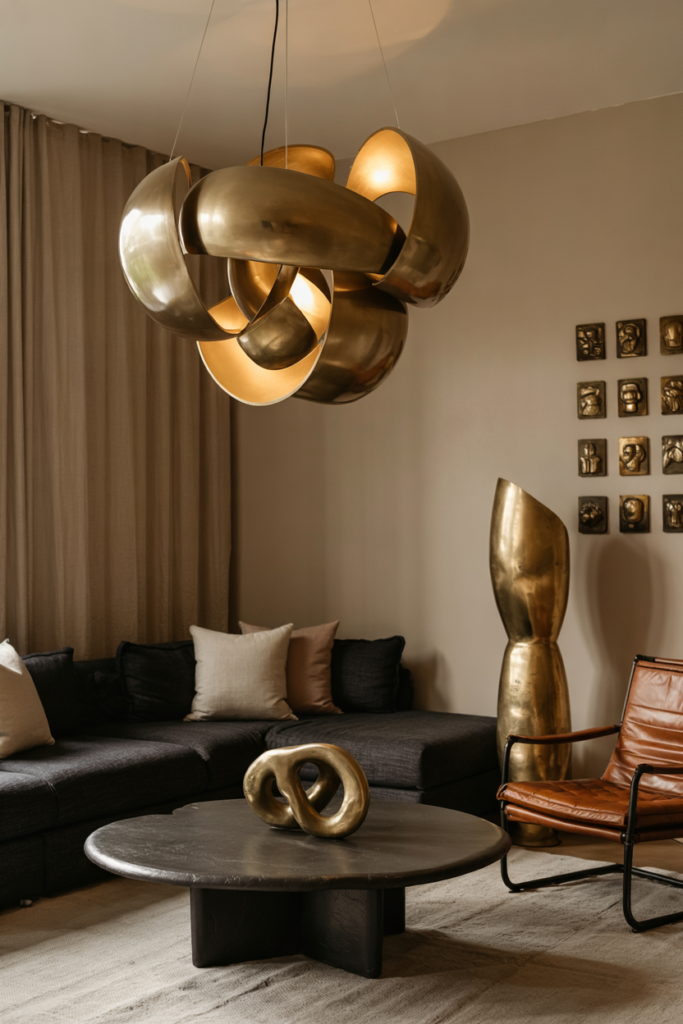 A gallery-like living room where oversized modular brass pendant lighting, blown-glass fixtures and sculptural lamps hover above a deep charcoal sectional.