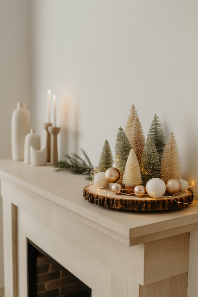 A fireplace mantel featuring a charming “theme vignette” setup at one end. Style the vignette with a mini tree or small bottle-brush forest displayed on a natural wood slice base