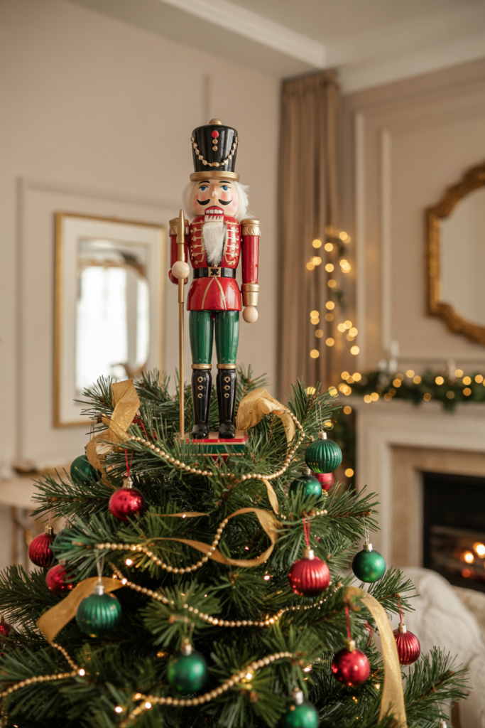 Nutcracker soldier tree topper on a luxe Christmas tree with red, gold, and green decorations.