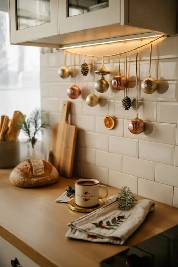 A warm-tone LED strip beneath upper cabinets, and hang tiny ornaments, orange slices and mini pinecones .