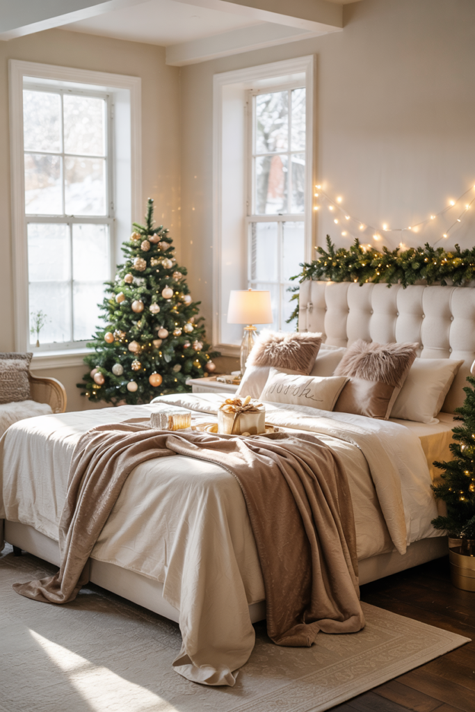 A warm Mocha Mousse–toned bedroom layered with creams, taupes, velvet and knit textiles, a small decorated evergreen, and steaming mugs of hot cocoa.