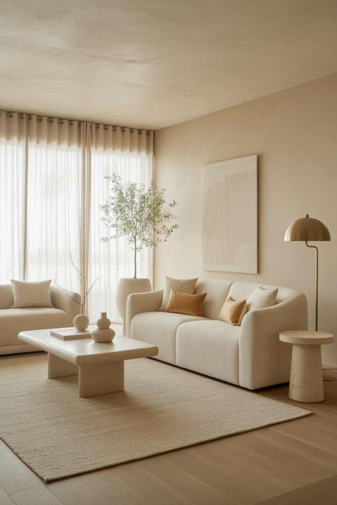 Luxe modern living room in Cloud Dancer off-white (Pantone 11-4201) with soft plaster walls, bouclé sofa, light oak floors, sheer curtains, and airy natural light—calm, elegant 2026 interior color.