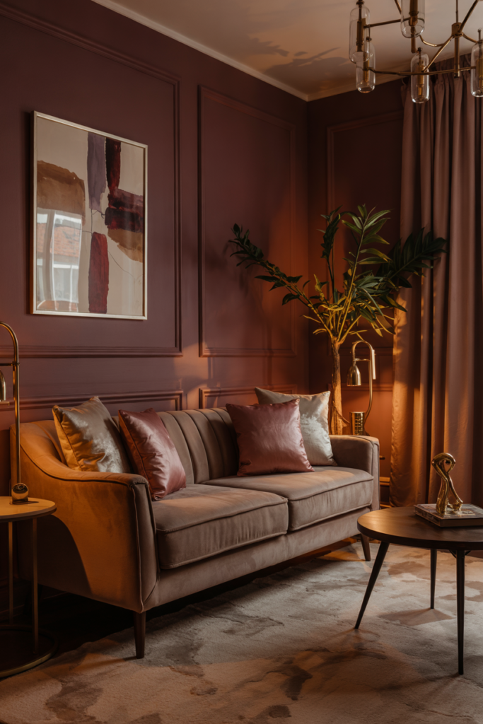 Luxurious modern living room with deep plum berry wall paint (#4B1F3B), blush velvet sofa, dark walnut floors, black marble coffee table, and warm brass lighting—jewel-toned 2026 interior color.