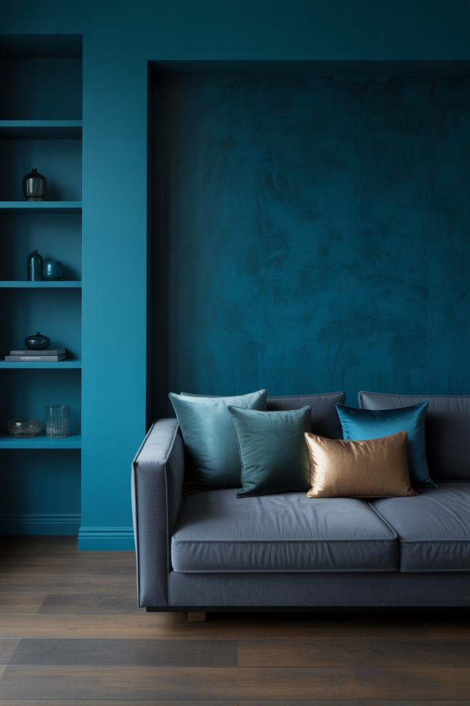 Elegant modern living room with deep teal blue-green walls (#0F4C5C), velvet sofa, dark oak floors, black marble coffee table, and warm brass lighting—rich and serene 2026 interior color.