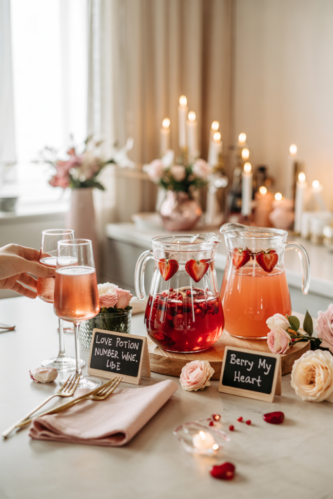 Valentine’s signature drinks display with pre-mixed pink cocktails and mocktails, floating berries, playful Valentine names, and romantic décor styled for effortless entertaining.