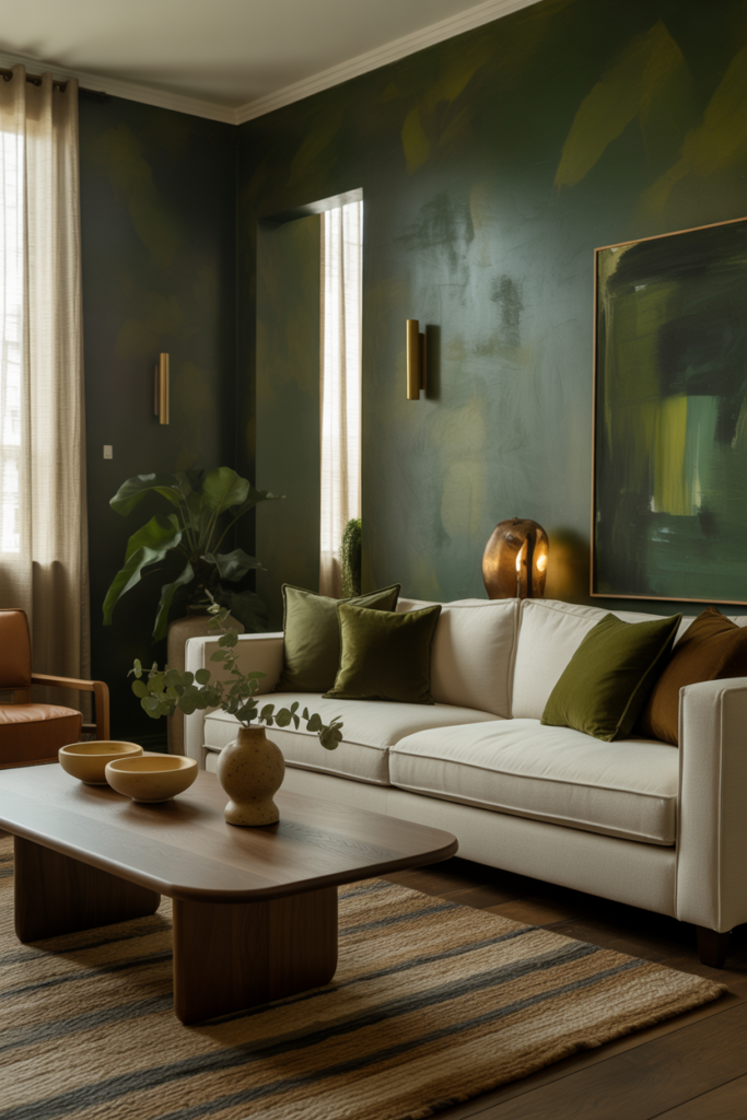 Modern organic living room with earthy dark green wall paint (#2F3A2E), oatmeal linen sofa, smoked oak floors, warm wood coffee table, and soft brass lighting—grounded 2026 interior color.