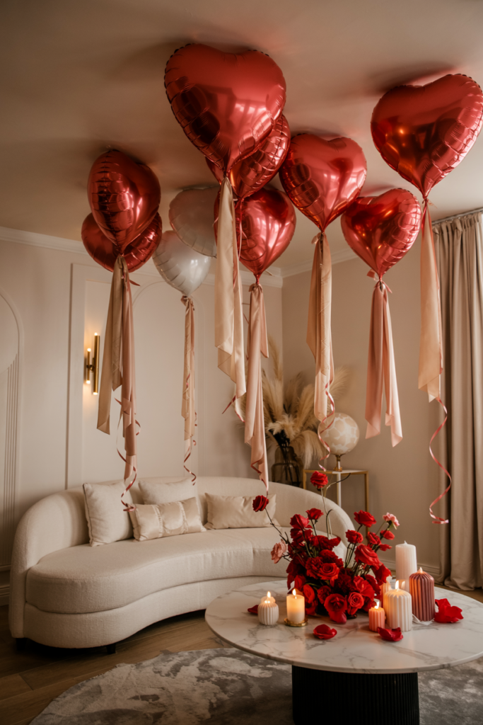 Floating red heart balloons with cascading silk ribbons in a romantic Valentine’s living room styled with candles, roses, and cozy luxe decor for an Instagram-worthy Valentine setup.