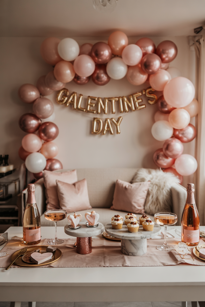 Galentine’s Day party setup with blush balloons, chic décor, desserts, rosé drinks, candles, and cozy seating creating a festive and stylish celebration for friends.