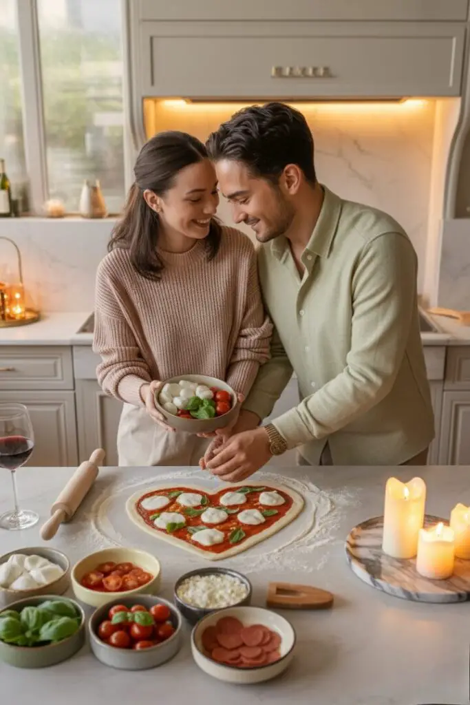 Couples making heart-shaped pizzas together in a cozy Valentine’s kitchen with romantic lighting, fresh ingredients, and playful cooking vibes.