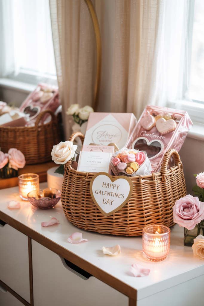 Galentine’s Day gift baskets filled with chocolates, candles, beauty treats, and heart accents, styled in blush and ivory tones for a cozy, festive take-home celebration setup.