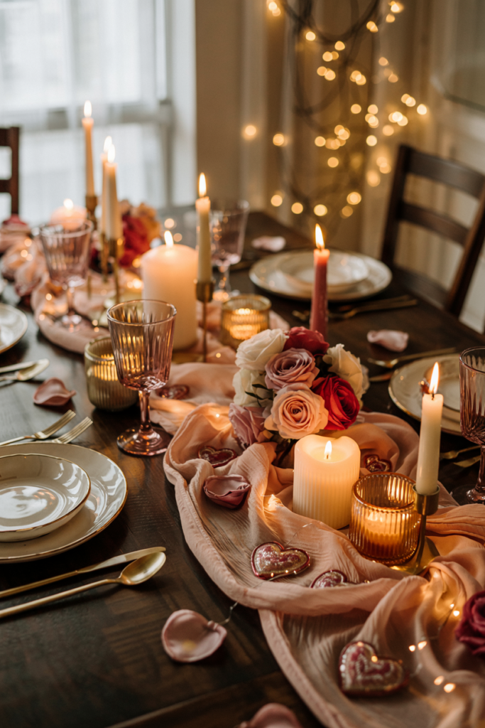 Romantic Valentine’s Day table with heart-themed runner, glowing candles, blush and red accents, and elegant place settings creating a cozy, candlelit dining atmosphere.