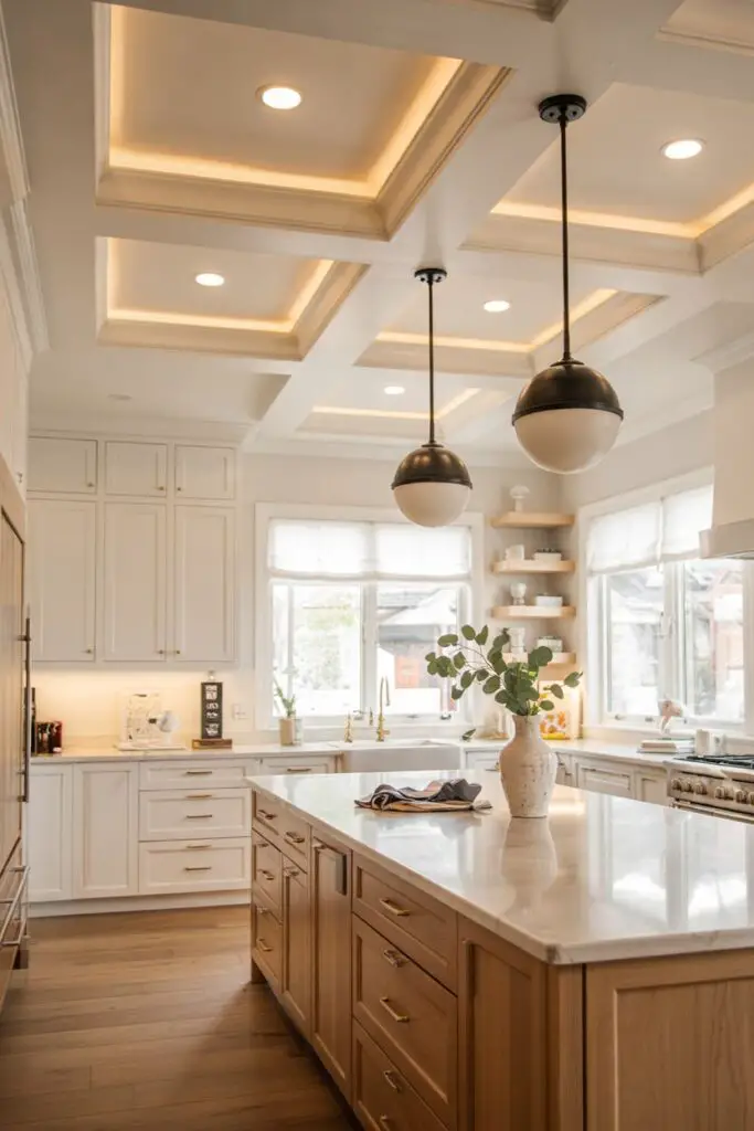 Modern transitional kitchen with a coffered ceiling and inset LED lighting, matte-black pendant globes over a waterfall island, and a slatted wood ceiling section above the dining nook.