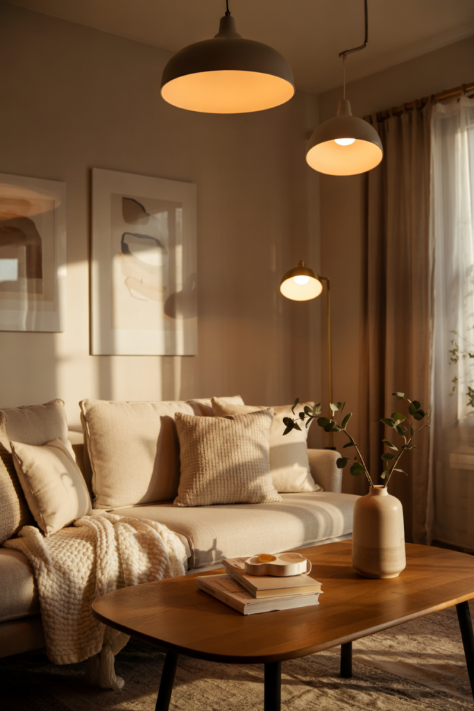 Living room with smart LED bulbs in multiple fixtures, cozy warm lighting, neutral décor, and renter-friendly energy-saving upgrade.