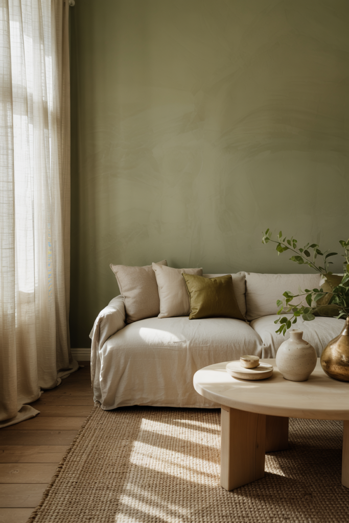 Modern organic living room with moss green wall paint (#7A8F73), cream linen sofa, natural oak floors, solid wood coffee table, and soft natural light.