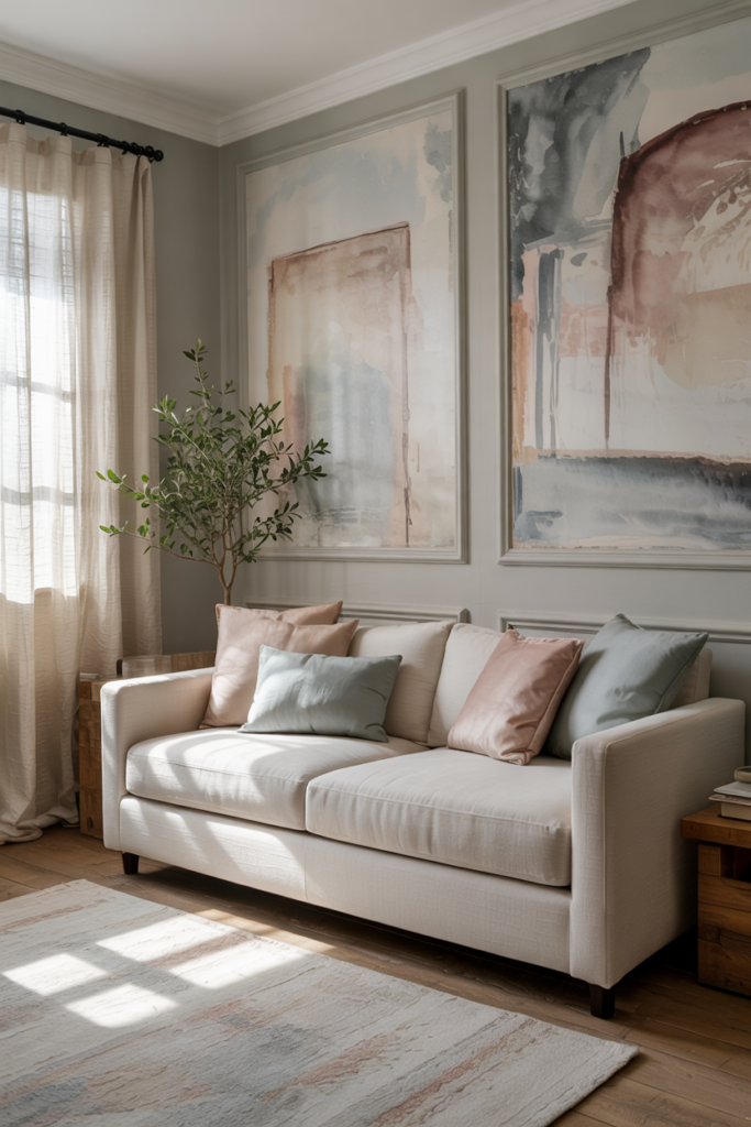 Soft modern living room with muted pastel wall paint—powder blue (#B7C9D3), sage green (#A7B7A0), rose blush (#E2B6B3), and lavender mist (#C6BFD6).