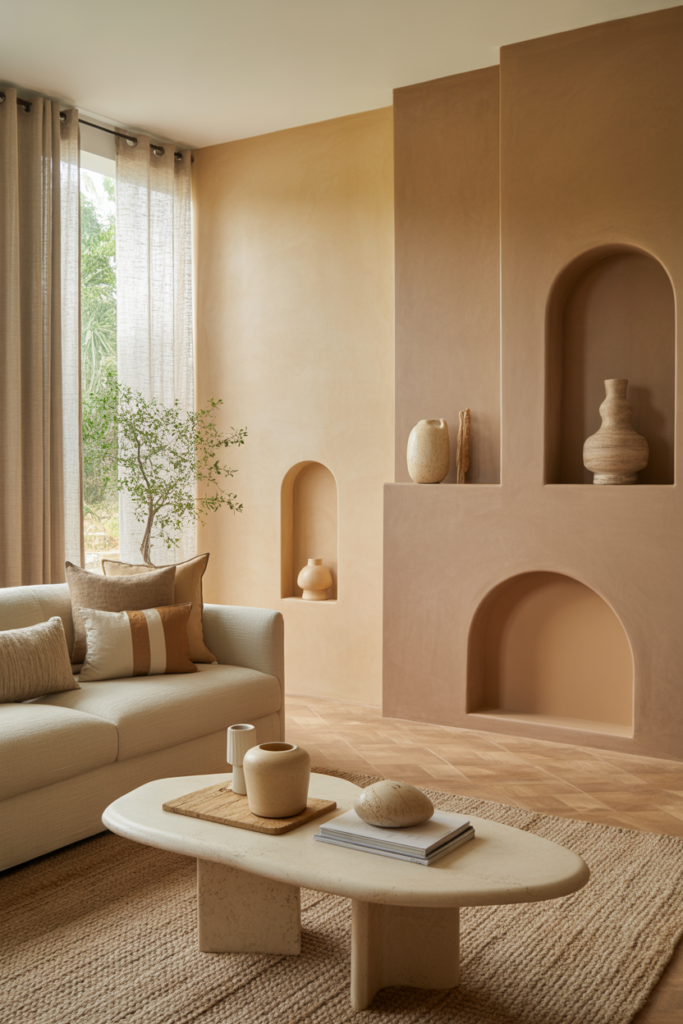Modern organic living room with nature-infused neutral wall paint—sand beige (#D6C8B6), warm taupe (#B8AA9A), almond cream (#EFE4D2), and oatmeal (#CFC3AF)—warm, calming 2026 interior color.