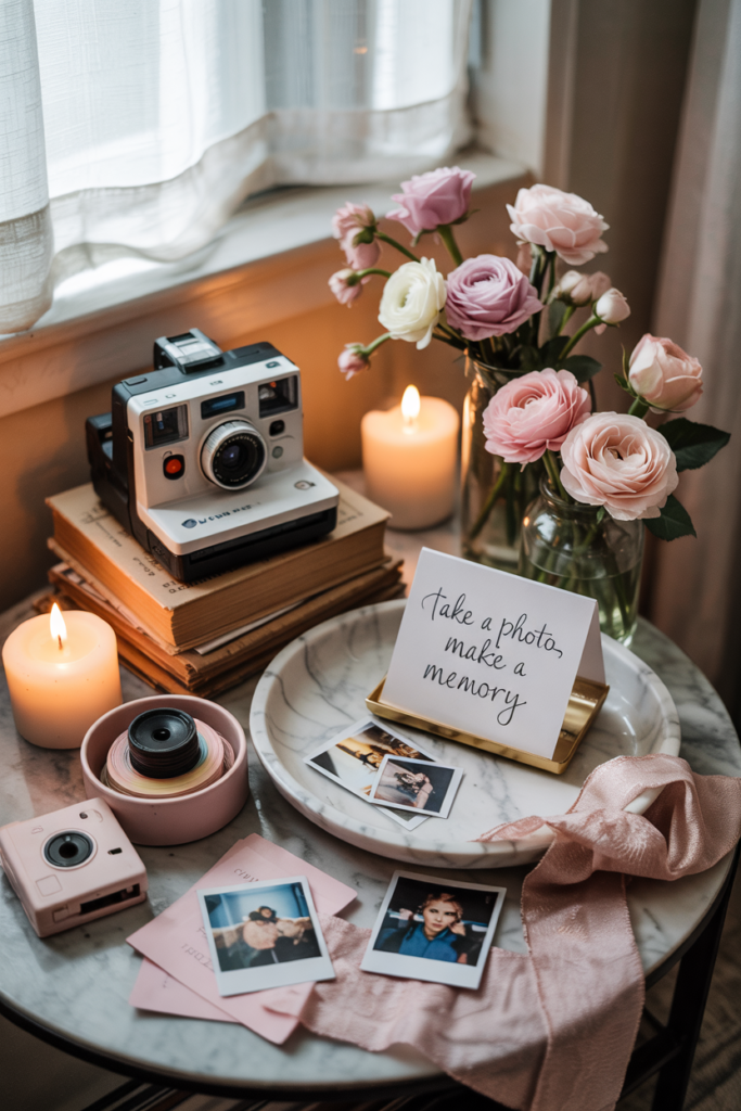 Valentine’s party memory station with Polaroid and disposable cameras, candles, rose petals, and romantic décor creating a cozy and nostalgic way to capture special moments.