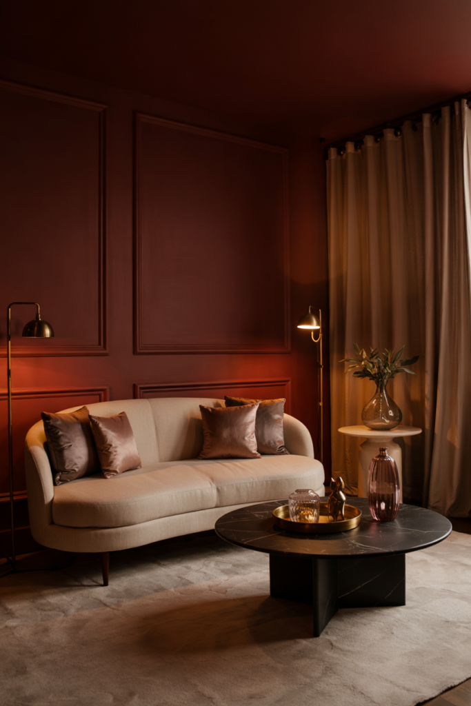 Elegant modern living room with rich burgundy wine-red wall paint (#5A1E2D), ivory velvet sofa, dark oak floors, black marble coffee table, and warm brass lighting.