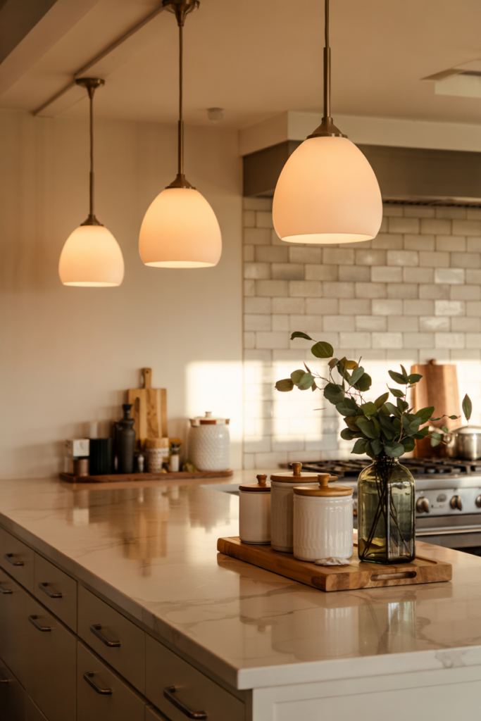 Modern transitional kitchen with three slender matte-black and opal-glass pendant lamps over a quartz island, two-tone cabinets, and a freshly refreshed, organized look.