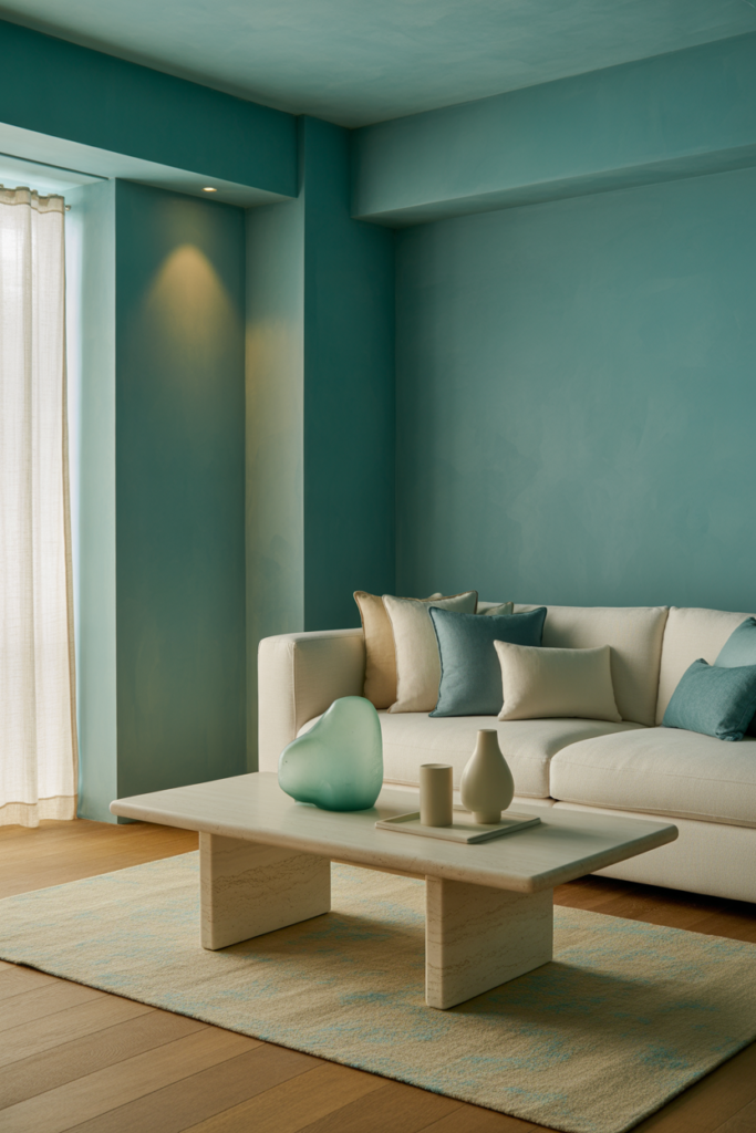 Modern living room with tranquil teal wall paint (#2F6F73), ivory sofa, warm oak floors, travertine coffee table, and soft natural light.