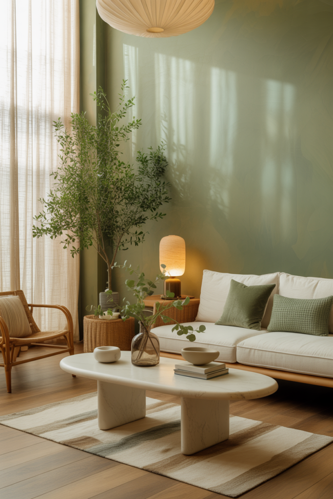 Modern organic living room in Warm Eucalyptus soft green (#9FAF9C) with muted green walls, ivory sofa, natural oak floors, travertine table, and eucalyptus greenery.