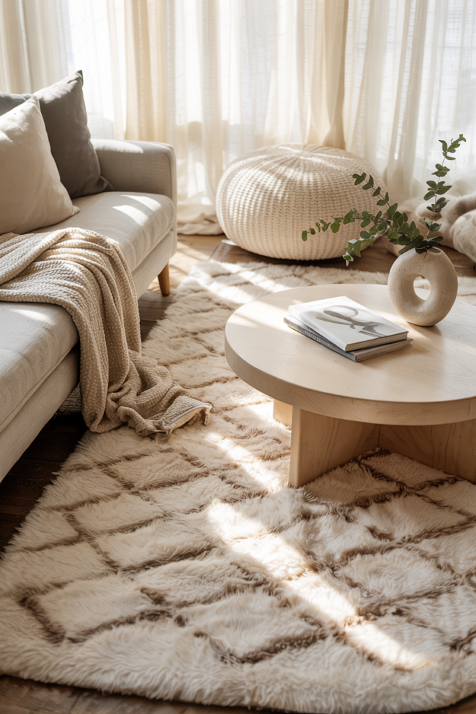 Living room with neutral area rug, layered textiles, cozy sofa, and renter-friendly upgrade to define space and cover old floors.