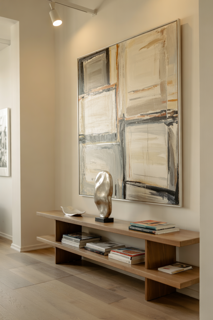 Art-led entryway with large statement painting, curated gallery wall, minimalist console, and modern cozy luxury design.