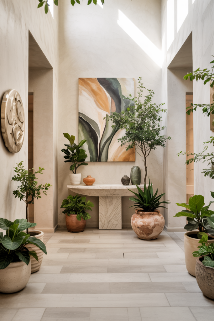 Entryway with live plants, nature-inspired artwork, light oak console, and cozy-luxe biophilic modern design.