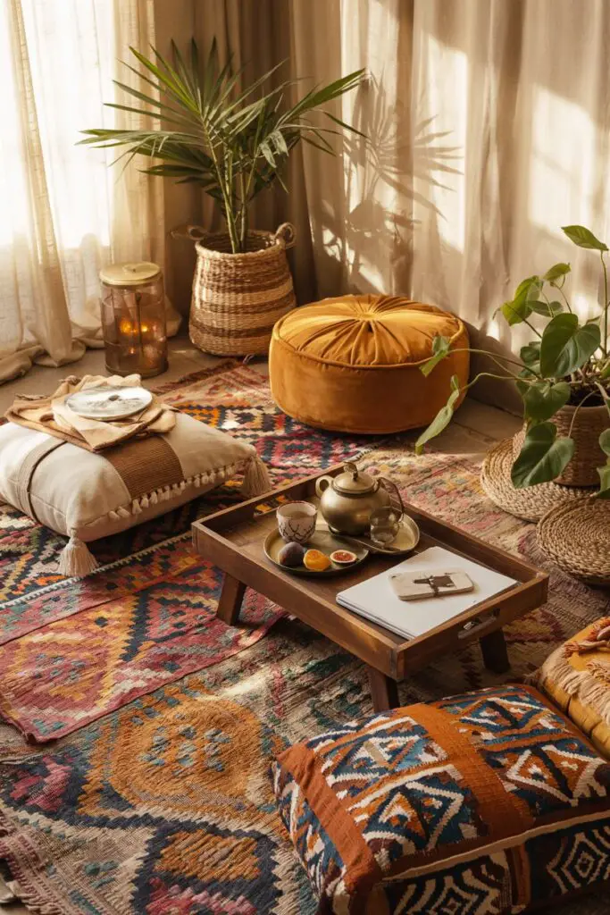Bohemian floor-cushion nook with layered kilim cushions, mustard pouf, low wooden tray with steaming tea, plants, and lived-in textiles creating a colorful, cozy lounge.