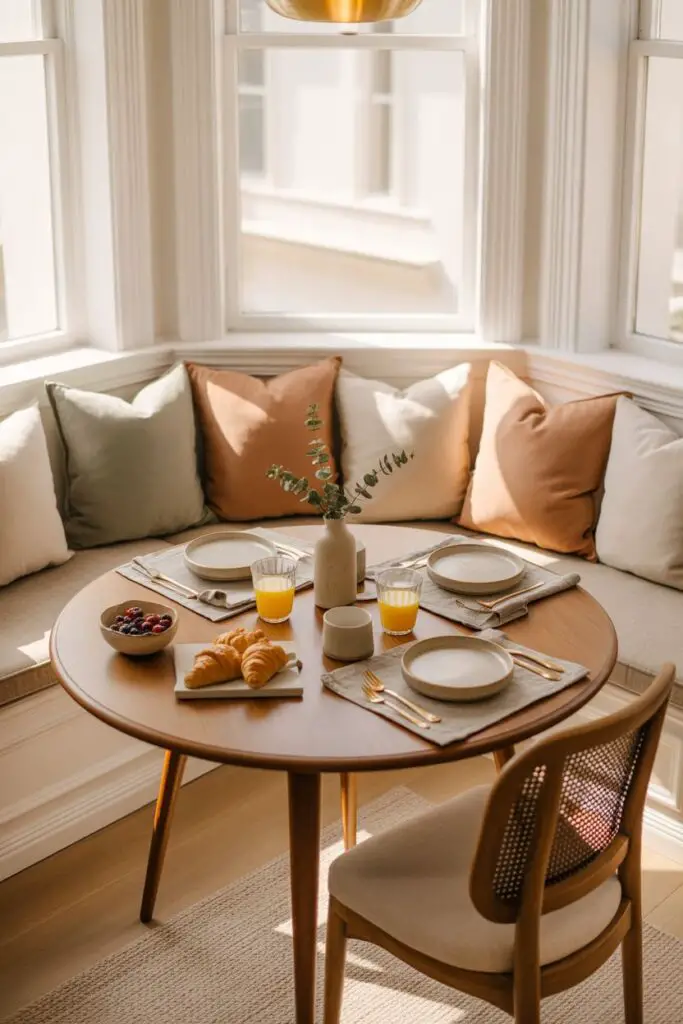 Sunlit kitchen breakfast nook with a round wood table, built-in banquette seating, soft neutral cushions, and a cozy morning table setting by a bay window.