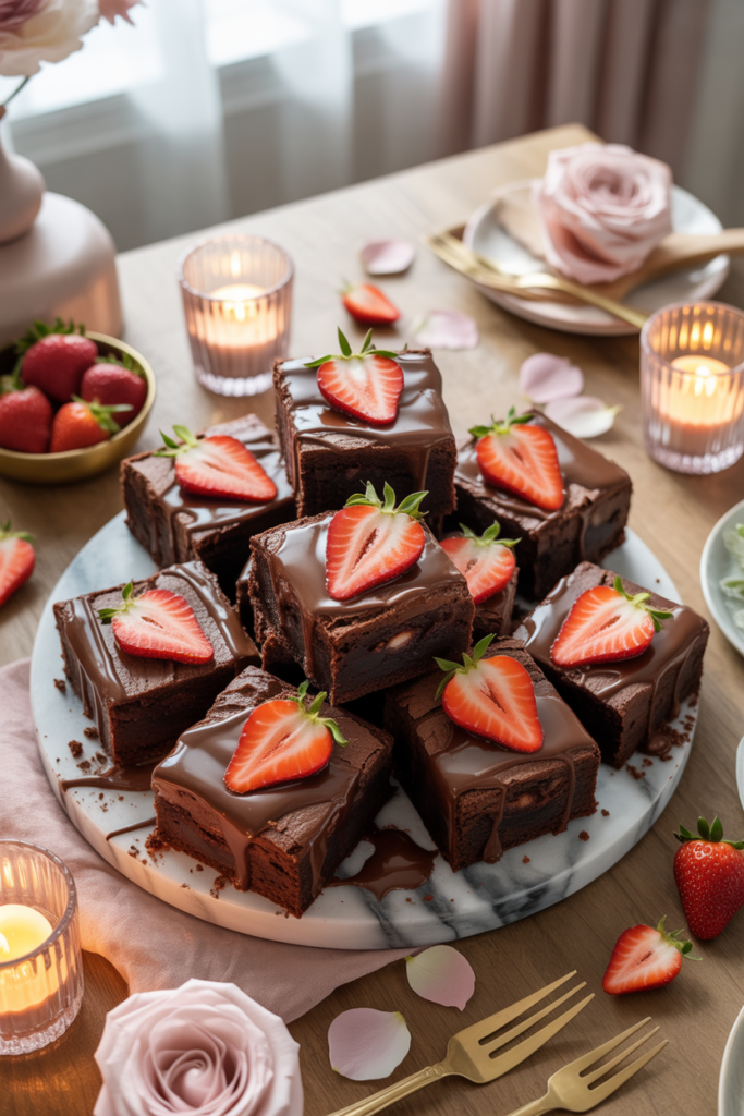 Chocolate strawberry brownies on a platter with juicy sliced strawberries, chocolate drizzle, and cozy Valentine décor, styled to look rich, romantic, and indulgent.