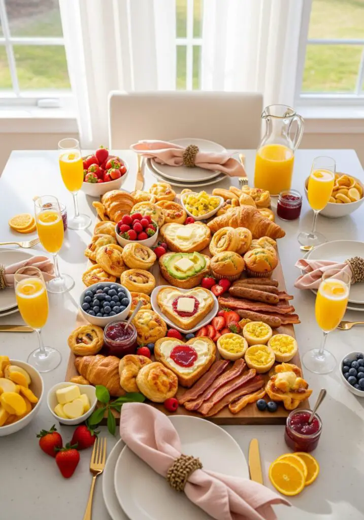 Valentine’s brunch board with heart-shaped toast, pastries, fruit, bacon, and mimosas styled in natural daylight for a relaxed and festive Galentine’s Day gathering.