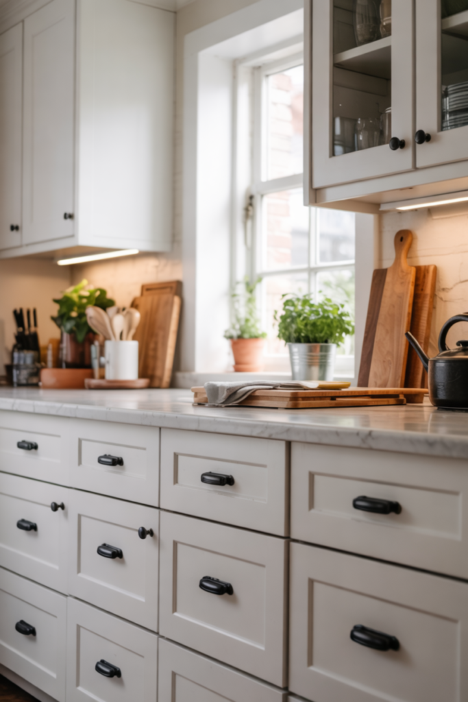 Kitchen cabinets with contemporary knobs and pulls, neutral décor, natural light, and renter-friendly reversible hardware upgrade.