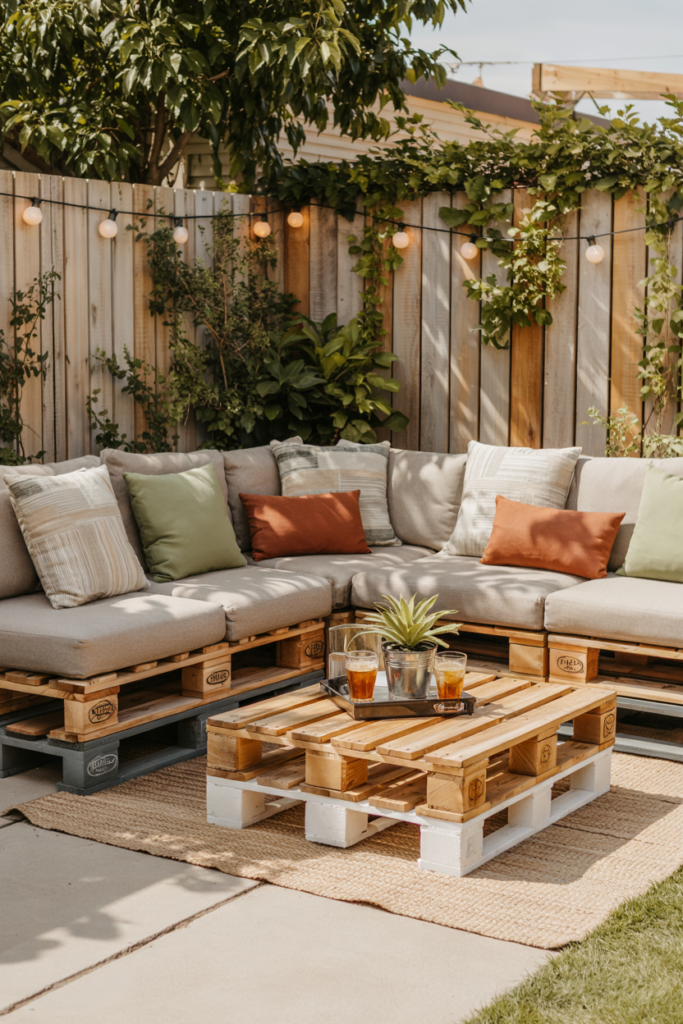 DIY pallet and cinderblock outdoor sofa with neutral cushions and throw pillows, styled for a cozy summer backyard seating area on a budget.