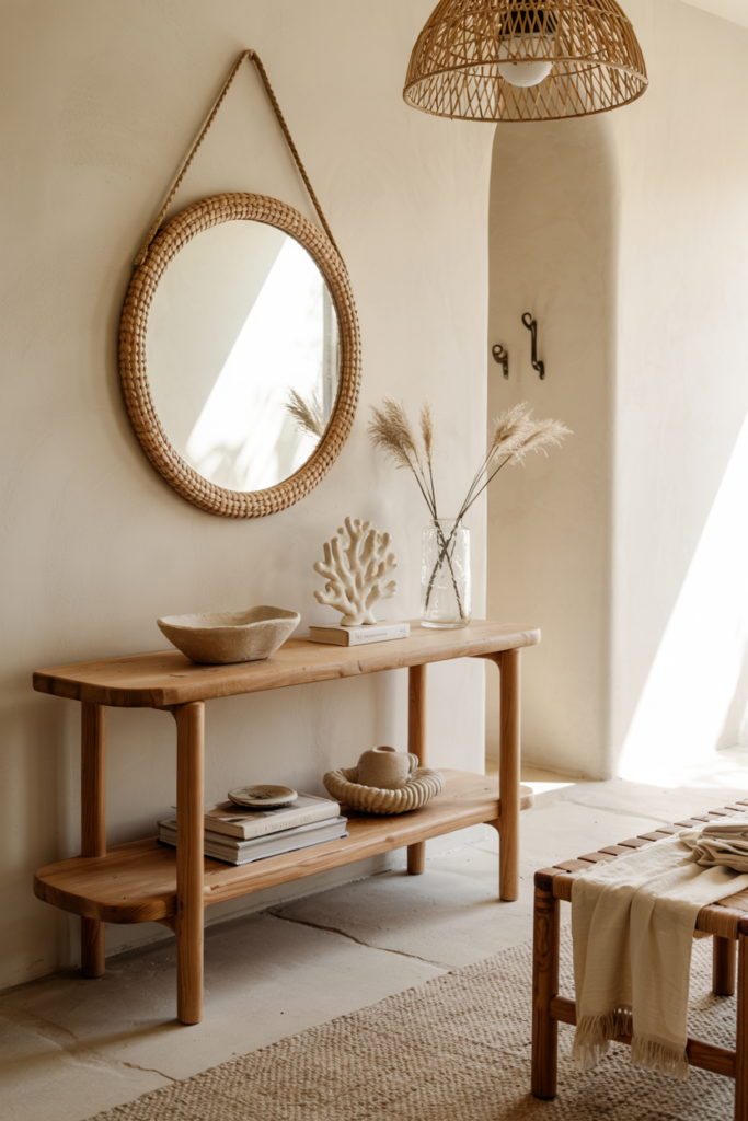 Modern coastal entryway with warm wood console, woven pendant lighting, natural textures, and airy cozy luxury style.