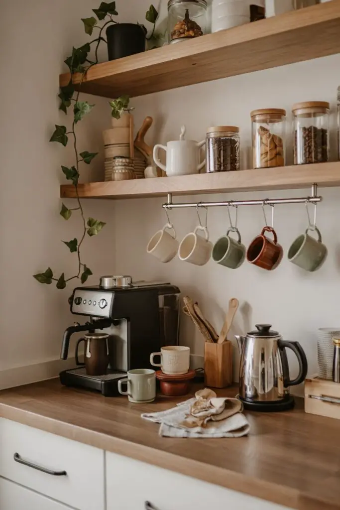 Warm coffee and tea station nook with stacked ceramic mugs, open shelves, steam rising from a fresh brew, and cozy everyday styling.