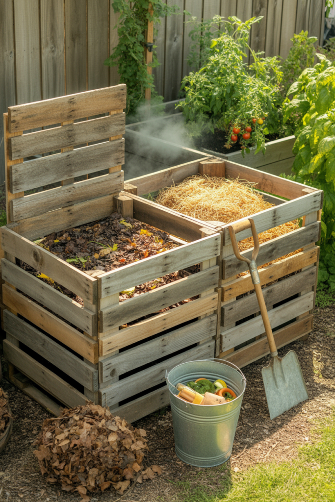 Backyard compost station built from reclaimed pallets, partially filled with kitchen scraps and garden waste, ready to create nutrient-rich soil.