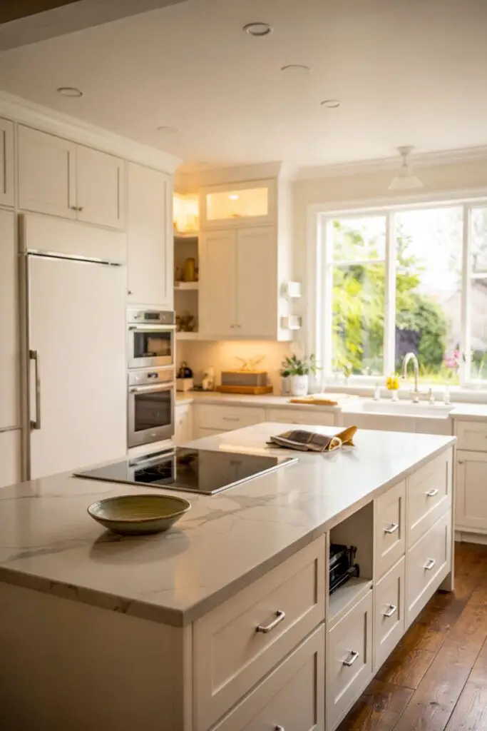 Modern transitional kitchen with fully concealed refrigerator, dishwasher, built-in oven, and flush induction cooktop, all hidden behind matching shaker cabinetry for a sleek, seamless look.
