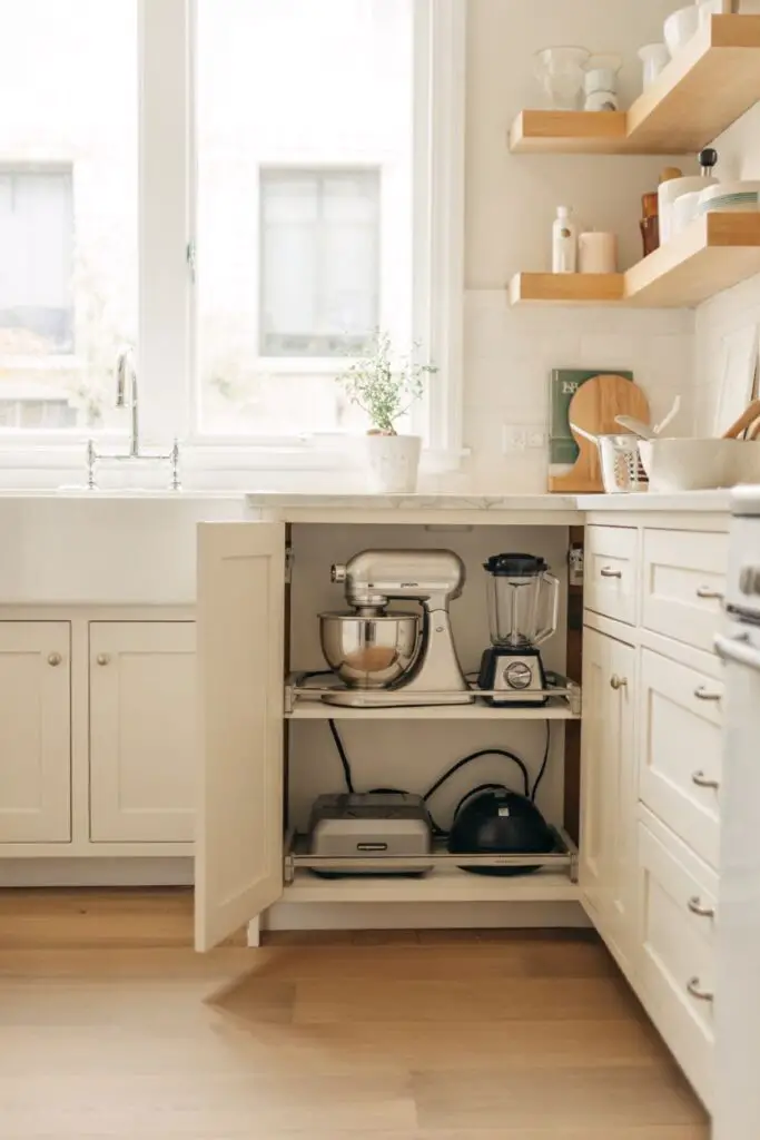 Appliance-garage with rolled soft-close door opened to reveal a tidy stand mixer and blender on a retractable shelf, pull-out drawer hiding a toaster, and a lift coffee maker — clear quartz counters and oak floors.