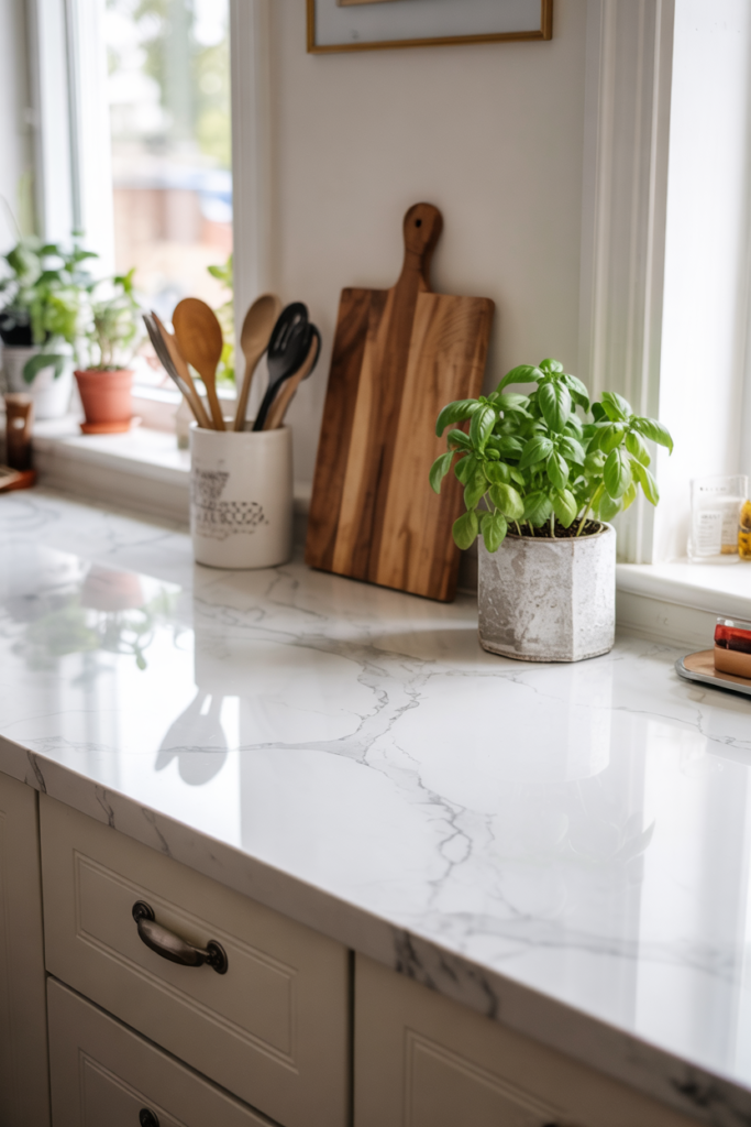 Kitchen with marble-look contact paper countertops, neutral cabinets, natural light, and renter-friendly budget-friendly surface upgrade.