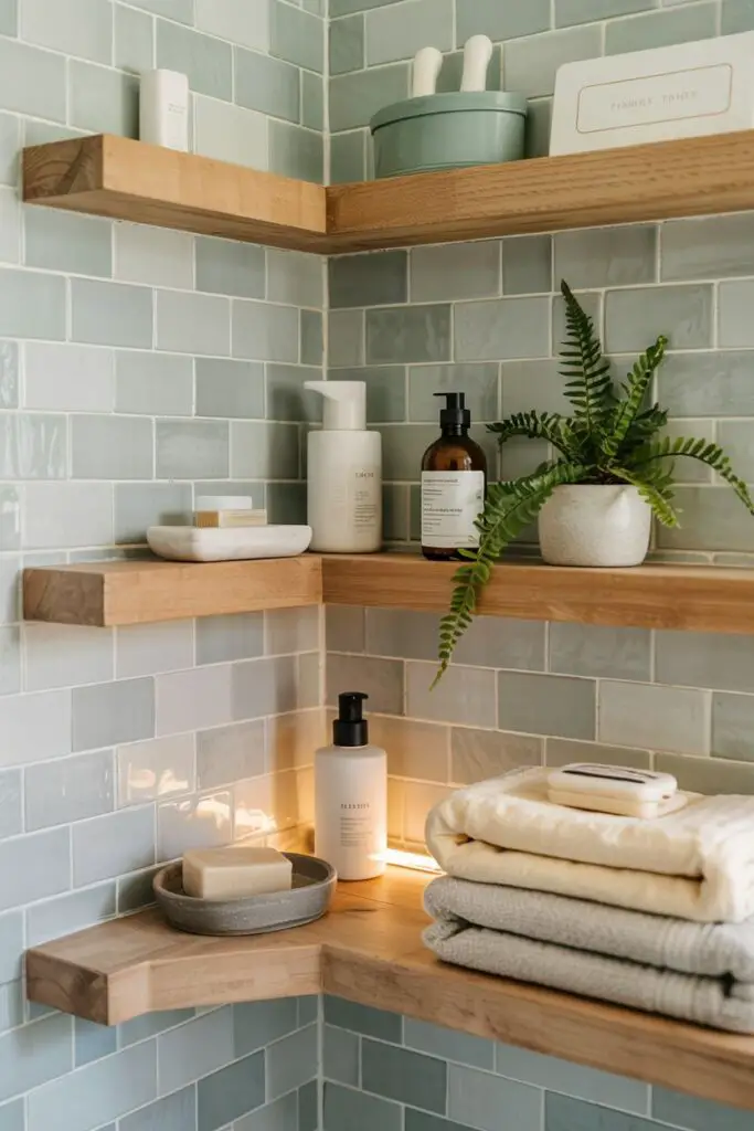 Chic bathroom corner shelf nook with sea-glass tiles, pale oak shelves holding towels, jars, skincare with a fingertip-smudged jar, a potted fern, and subtle wet traces showing recent use.