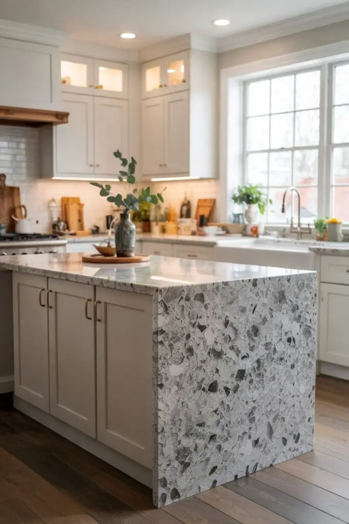 Modern transitional kitchen with a wrapped honed-granite look countertop and waterfall island, tight seams, two-tone cabinets, and minimal styling for a freshly refreshed look.